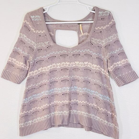 Free People Sweater Womens Medium Purple Striped Sweetheart Neck Short Sleeve - Picture 1 of 15